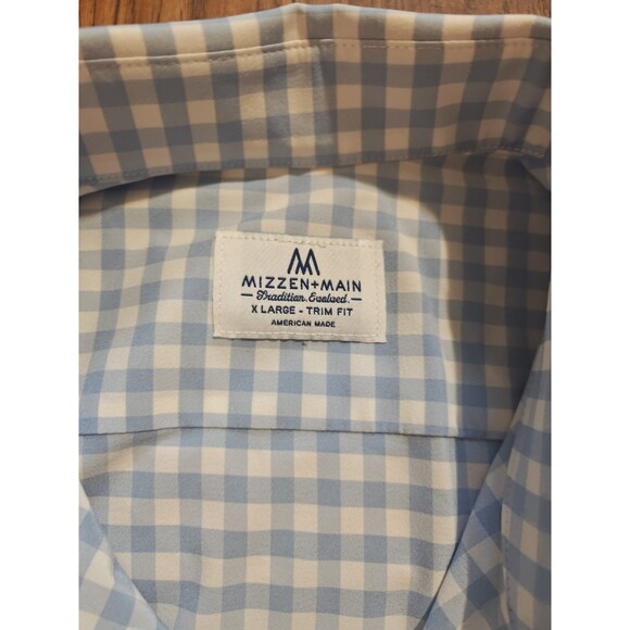 Mizzen+Main Shirt Mens XL Blue Gingham Check Performance Stretch Trim Fit Button - Picture 2 of 7